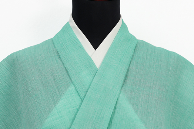 近江ちぢみ 本麻 夏着物 広幅 楊柳 無地 薄青緑