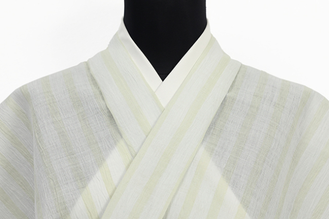 近江ちぢみ 本麻 夏着物 広幅 楊柳 縞 白×薄黄緑