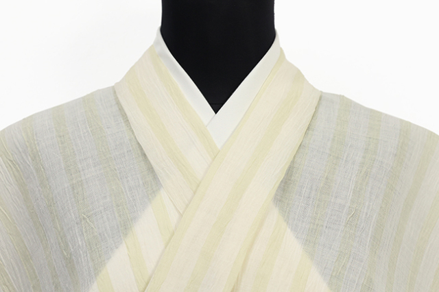 近江ちぢみ 本麻 夏着物 広幅 楊柳 縞 白×薄黄色