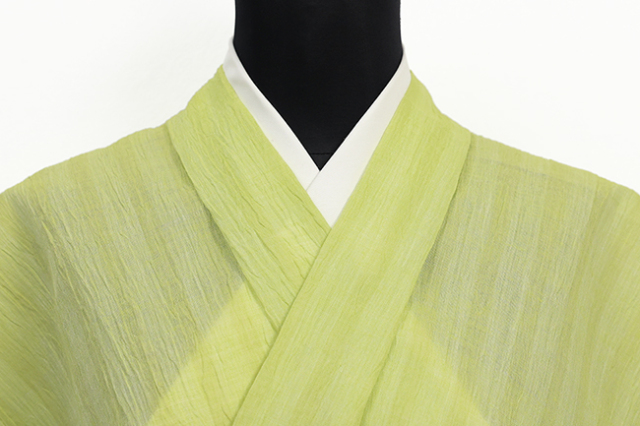 近江ちぢみ 本麻 夏着物 広幅 楊柳 縞 黄緑