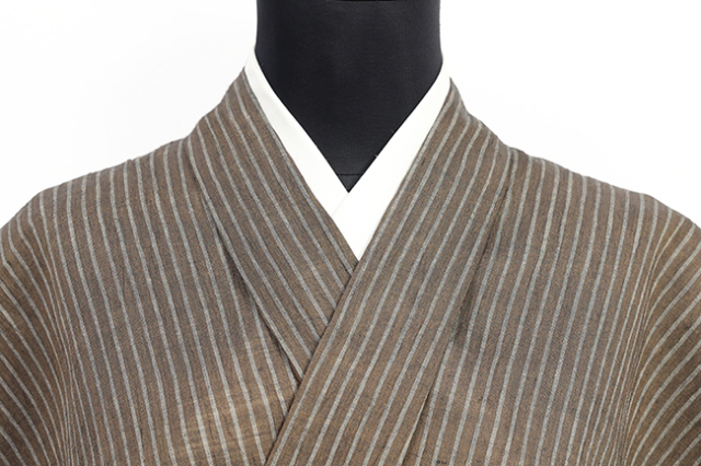 近江ちぢみ 本麻 夏着物 広幅 楊柳 縞 茶色