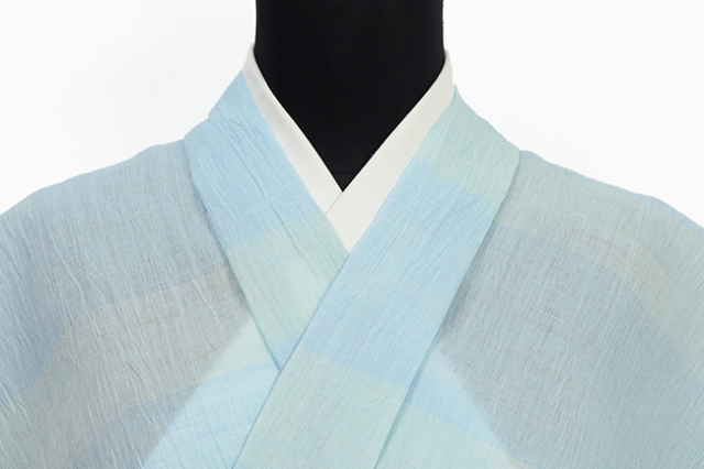 近江ちぢみ 本麻 夏着物 広幅 楊柳 縞 水色