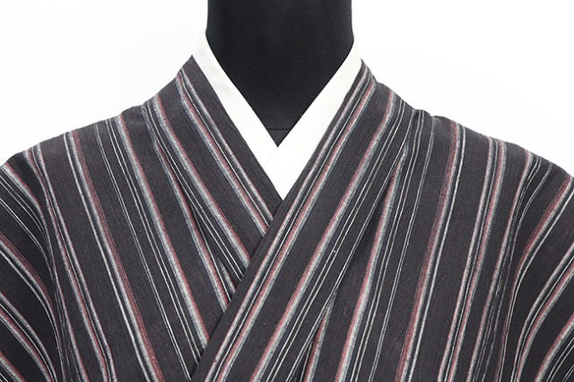 近江ちぢみ 綿麻 夏着物 広幅 楊柳 縞 墨黒×ピンク
