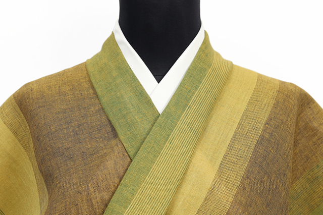 本麻 夏着物 近江 ルポワン染め 縞 黄色系