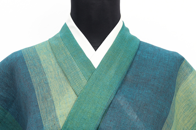 本麻 夏着物 近江 ルポワン染め 縞 緑系