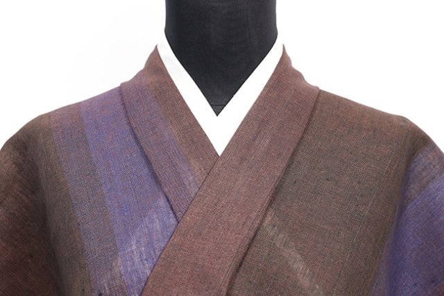 本麻 夏着物 近江 ルポワン染め 縦ぼかし 赤茶×紫