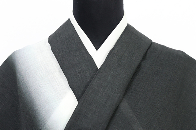 近江ちぢみ 本麻 夏着物 広幅 楊柳 ぼかし 黒×白