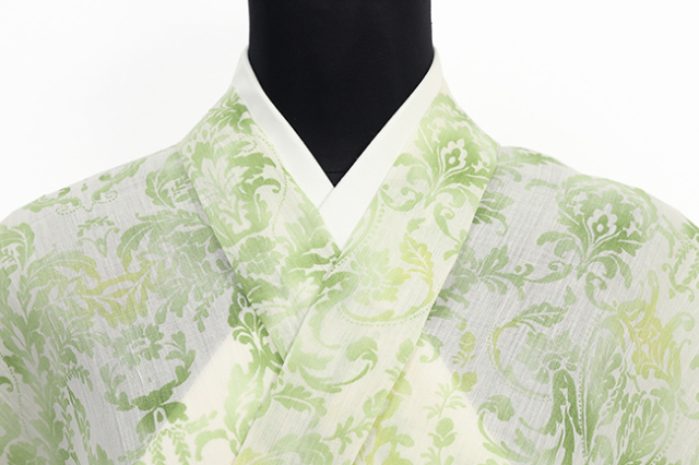 近江ちぢみ IKS 本麻 夏着物 広幅 楊柳 クラシック アラベスク 生成り地 グリーン
