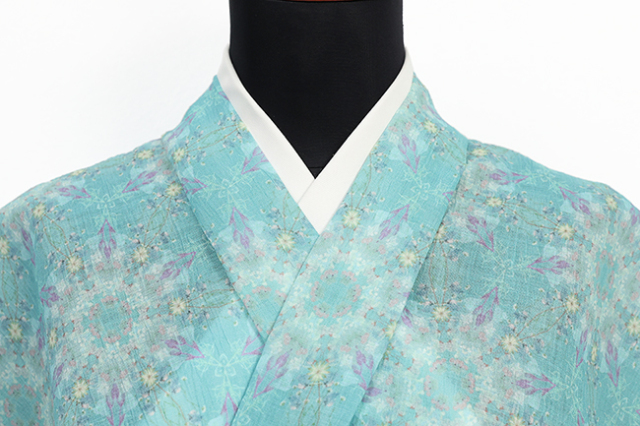 近江ちぢみ MoMo 本麻 夏着物 広幅 楊柳 プリズムガーデン 水色