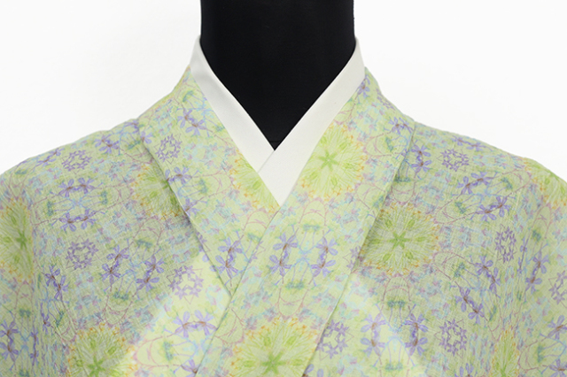 近江ちぢみ MoMo 本麻 夏着物 広幅 楊柳 プリズムガーデン 黄緑