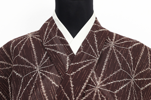 近江ちぢみ IKS 本麻 夏着物 広幅 楊柳 本麻絣調 麻の葉 焦茶