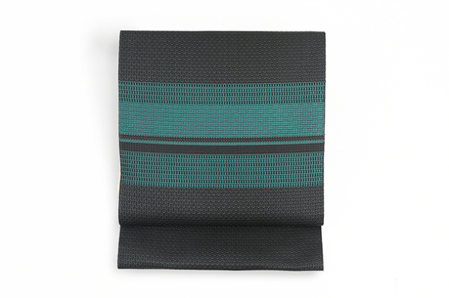 【価格はお問い合わせください】博多織 西村織物 正絹 夏 八寸名古屋帯 単衣用 紗八寸 浮風通 段紗 黒×青緑