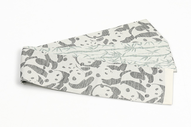 西陣織 蔦屋久兵衛 絹麻 両面半幅帯 パンダ 笹 灰×緑