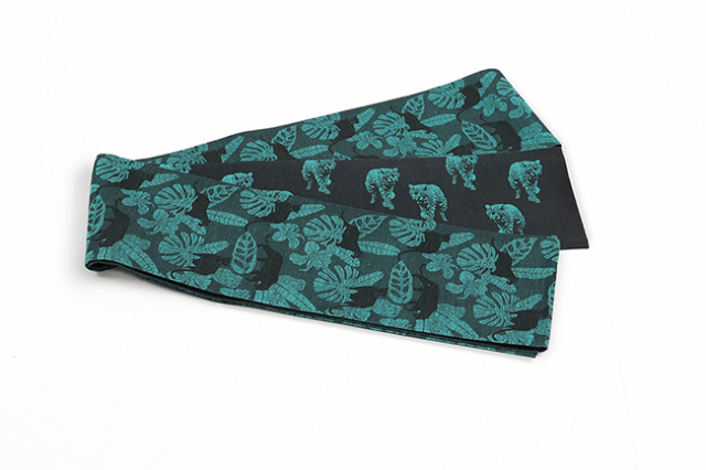 西陣織 蔦屋久兵衛 絹麻 両面半幅帯 モンステラ 黒ひょう 青緑×黒