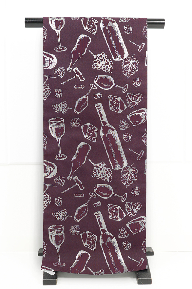 西陣織 蔦屋久兵衛 ひとえ八寸帯（兵児帯）ワインとチーズ 濃紫×銀