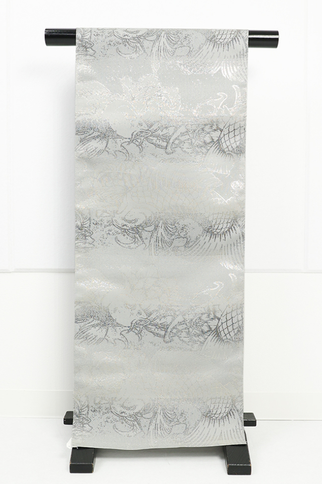 西陣織 蔦屋久兵衛 ひとえ八寸帯（兵児帯）鯉 灰×銀