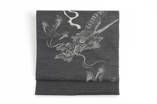 西陣 蔦屋久兵衛 絹麻 九寸名古屋帯 龍 チャコールグレー