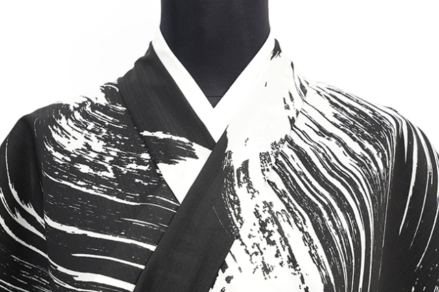 【4/24ライブショッピング紹介商品】コシノジュンコ ポリエステル着物 浴衣 セオα 刷毛うねり 黒×白