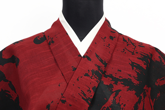 井登美 itomi 浴衣(ゆかた) 優華壇 綿 左馬墨絵 赤黒 ◆男女兼用◆