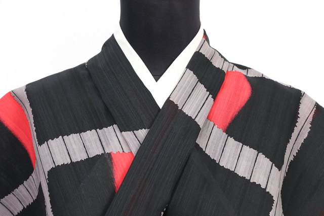 井登美 itomi 浴衣(ゆかた) 優華壇 綿 斜枠暈し 灰に黒赤 ◆男女兼用◆