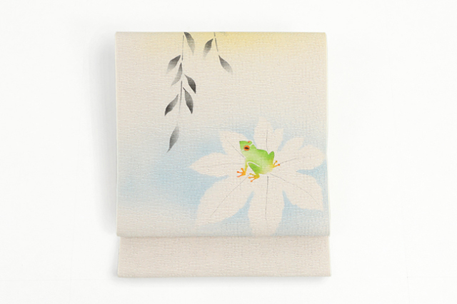 【4/24ライブショッピング紹介商品】召しませ花 本麻 八寸名古屋帯 夏帯 雨蛙 生成り