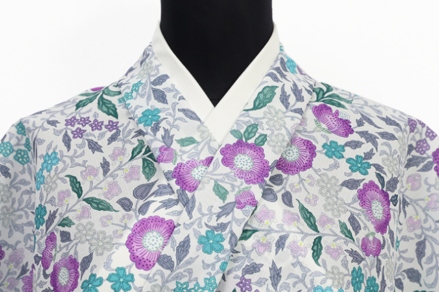 召しませ花 ポリエステル着物 浴衣 セオα 涼花（すずか）更紗 白×紫