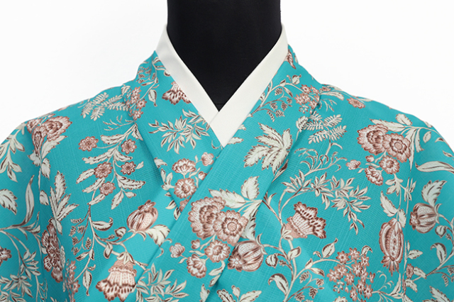 召しませ花 ポリエステル着物 浴衣 セオα 涼花（すずか）更紗 青緑×赤茶