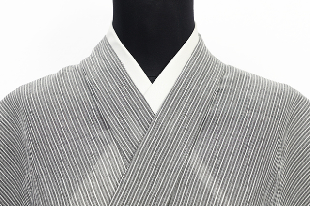 本麻 夏着物 小千谷ちぢみ 楊柳 広幅 縞 灰色 11