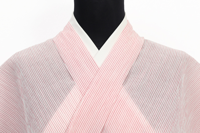 本麻 夏着物 小千谷ちぢみ 楊柳 広幅 縞 ピンク N28