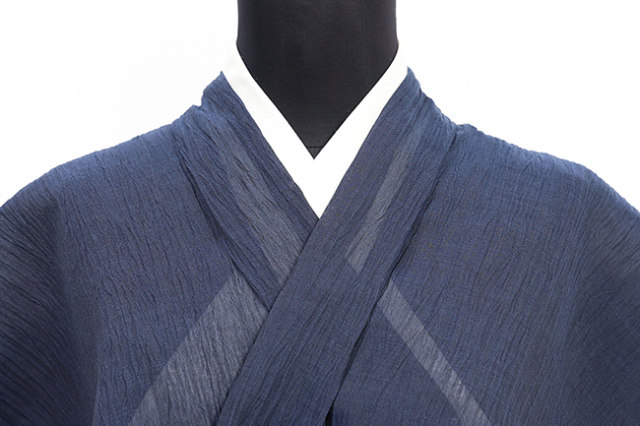 本麻 夏着物 小千谷ちぢみ 楊柳 広幅 無地 紺 62