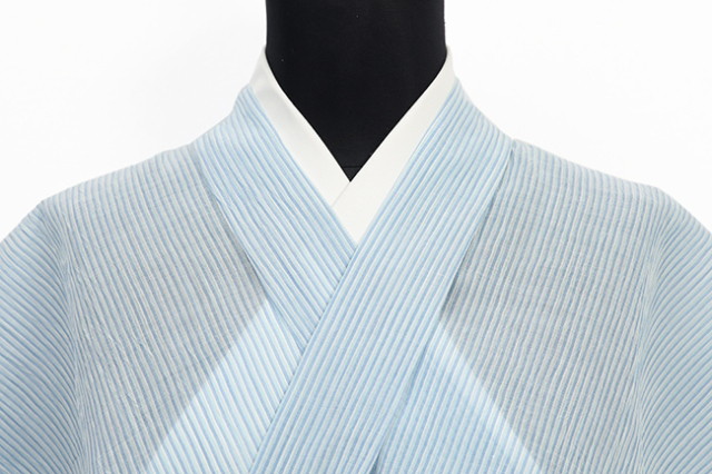 本麻 夏着物 小千谷ちぢみ 吉新織物 楊柳 広幅 縞 水色 586