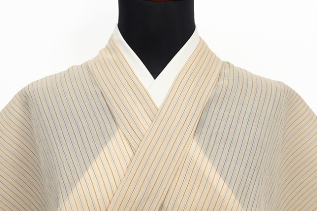 本麻 夏着物 小千谷ちぢみ 吉新織物 楊柳 広幅 縞 ベージュ 329