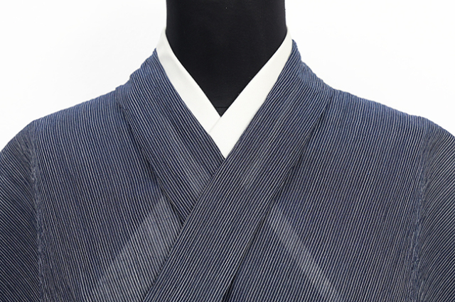 本麻 夏着物 小千谷ちぢみ 楊柳 広幅 縞 濃紺 N36