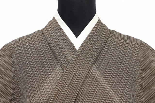 本麻 夏着物 小千谷ちぢみ 楊柳 広幅 縞 焦茶 50