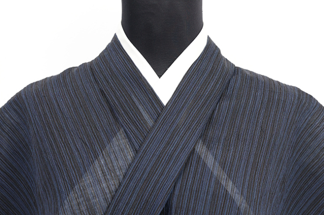 本麻 夏着物 小千谷ちぢみ 楊柳 広幅 縞 濃紺×黒 N70