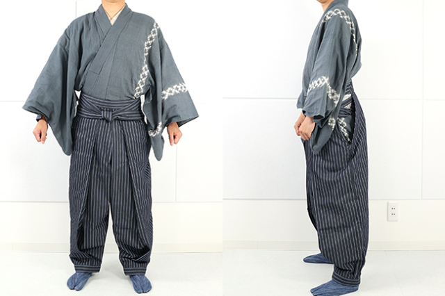 あづまやオリジナル 新野袴デニム オーダー仕立て付き 縞 濃灰色×水色 男女兼用