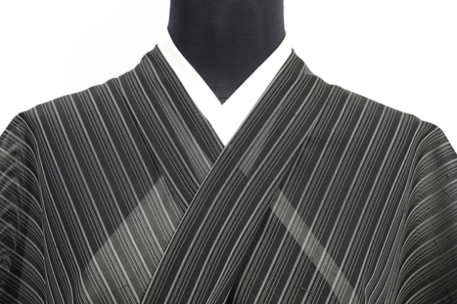 【7/3ライブショッピング紹介商品】西陣 秦流舎 正絹 紗 夏着物 玉繭衣 縞 黒×灰色