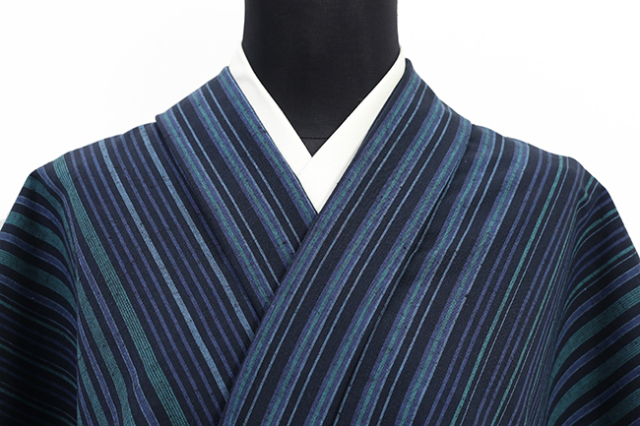 遠州木綿 木綿着物 千織縞 短夜 みじかよ 紺×青緑