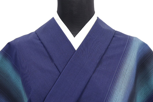 遠州木綿 木綿着物 千織縞 ロクソウ グラデーション 青