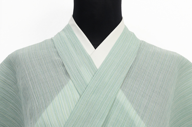 小千谷ちぢみ 本麻 夏着物 吉新織物 楊柳 広幅 縞 薄青緑 615