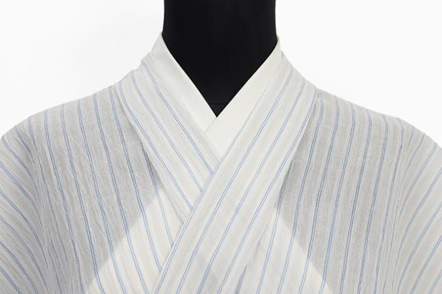 小千谷ちぢみ 本麻 夏着物 楊柳 広幅 縞 白×青 N10
