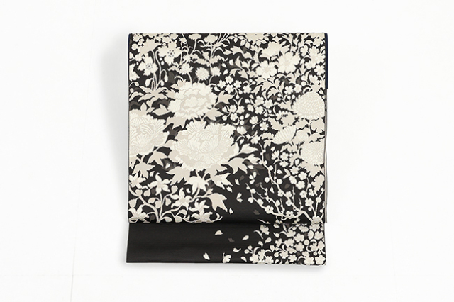 【受注生産品】西村織物 Rライン 博多織 正絹 八寸名古屋帯 Asian FLOWERS MAP アイボリーブラック