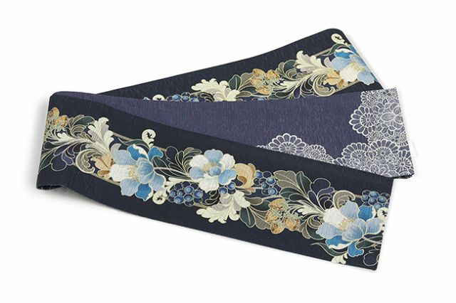 召しませ花 正絹 半幅帯 リバーシブル Vintage Flora 紺