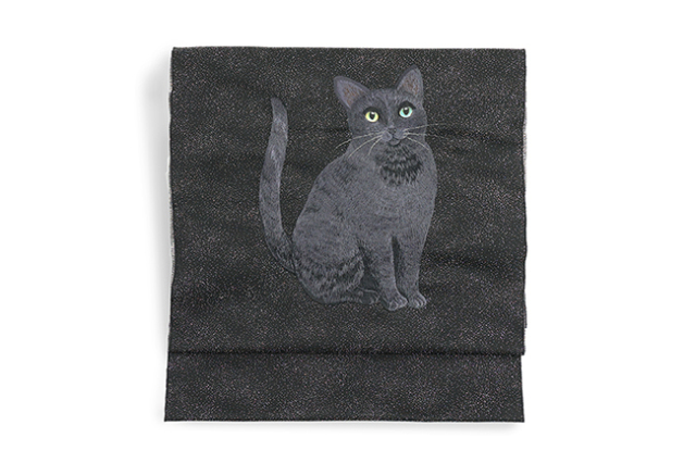 トリエ 正絹 九寸名古屋帯 黒猫 刺繍 黒