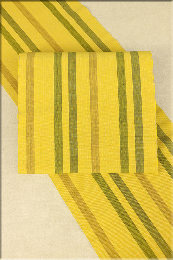 東郷織物 木綿 手織り 八寸名古屋帯 お仕立て付き 黄x緑x茶 