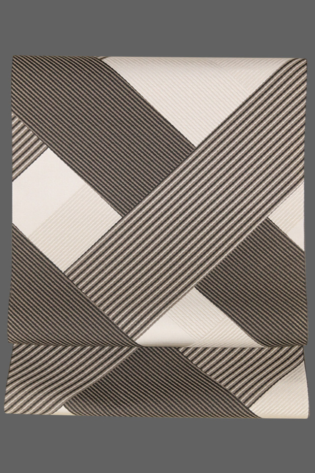 西村織物 博多織 八寸名古屋帯 正絹 お仕立て付き 檜垣 白 黒 ストライプ