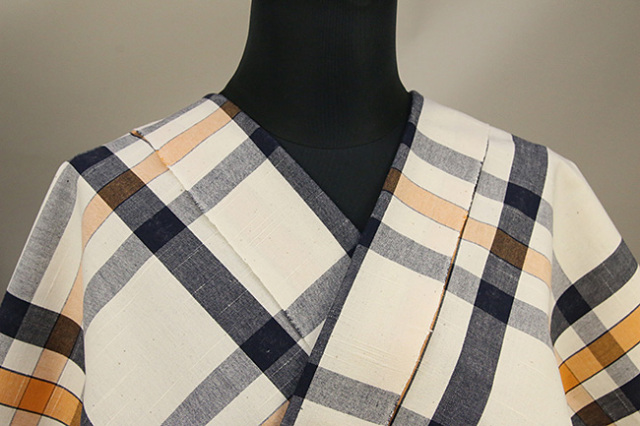 伊勢木綿 木綿着物 オーダーお仕立て付き チェック 生成色 紺 橙