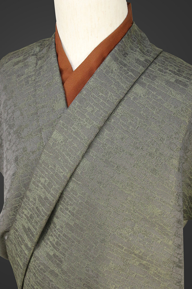 柴田織物 正絹お召し着尺 オーダー仕立て付 先染 LandScape ブリック スモーキーグリーン