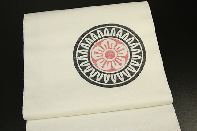 西陣 絹麻 九寸名古屋帯 麻雀 一筒 白 お仕立て付き