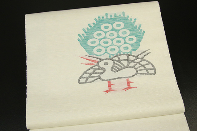 西陣 蔦屋久兵衛 絹麻  九寸名古屋帯 麻雀 一索 白